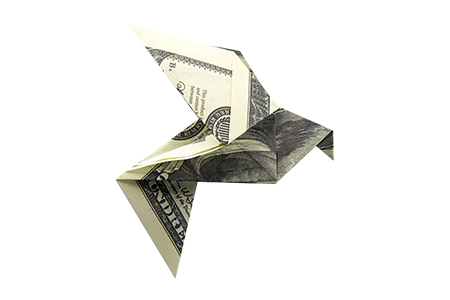 Origami bird folded from dollar bills